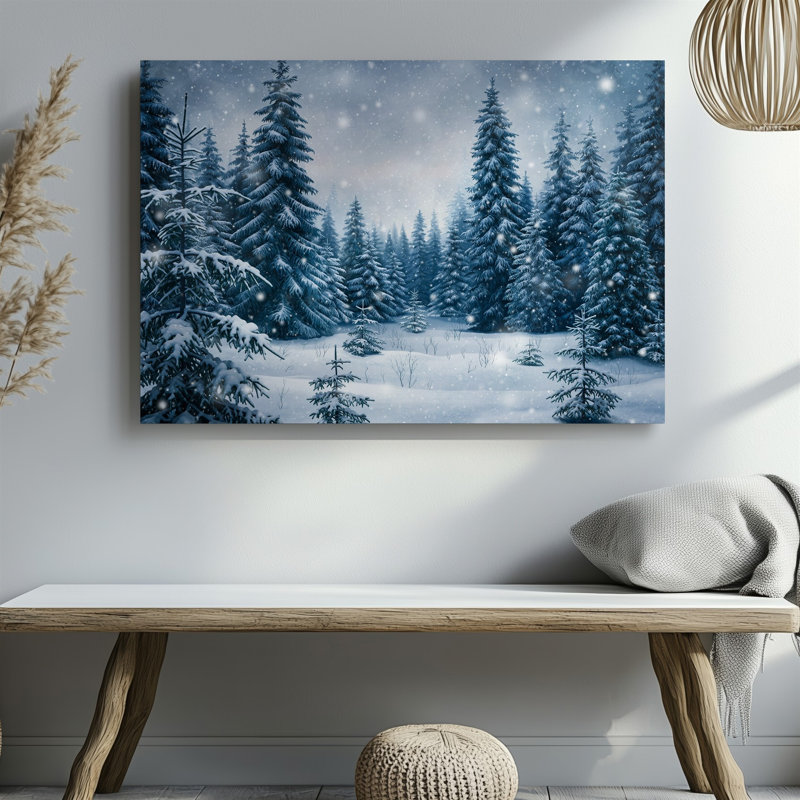 Toile d'un paysage d'hiver serein représentant une forêt tranquille recouverte d'un art mural blanc neige doux sur fond d'arbres à feuilles persistantes