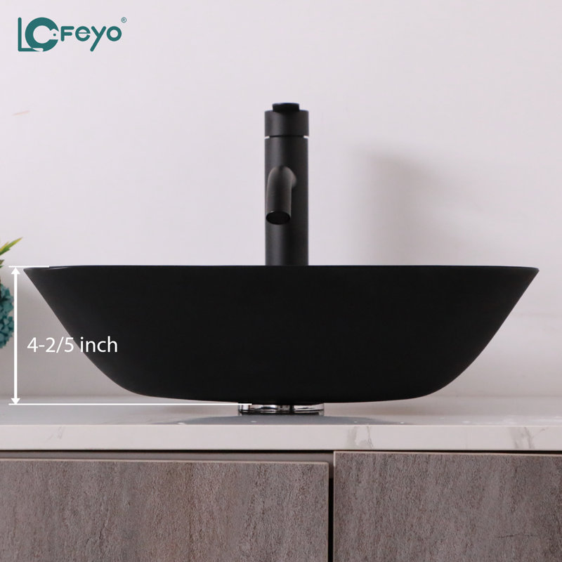 Lavabo de salle de bain en verre noir 16 po Lofeyo, lavabo vasque carré en verre trempé avec robinet et bonde escamotable, noir pur