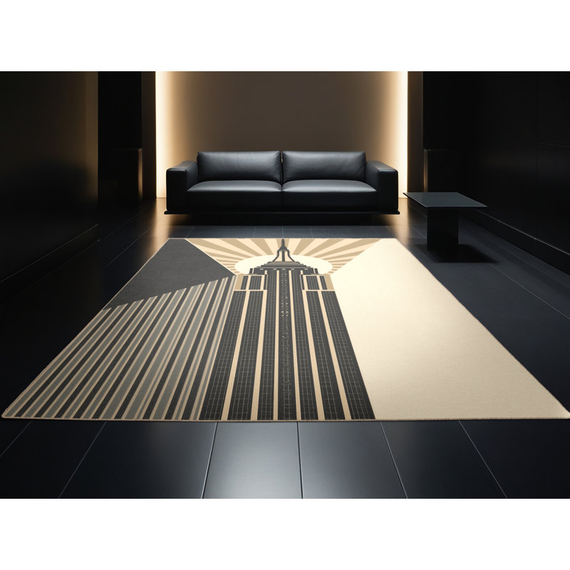 Machine Washable Paizlei Empire State Building Art Deco Geometric Rug in Beige – Beige Binding, 4x6