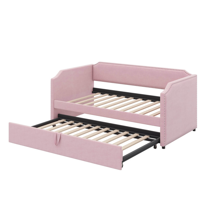 Twin-Sized Daybed Upholstered In Velvet, Complete With Pop-Up Trundle, Pink