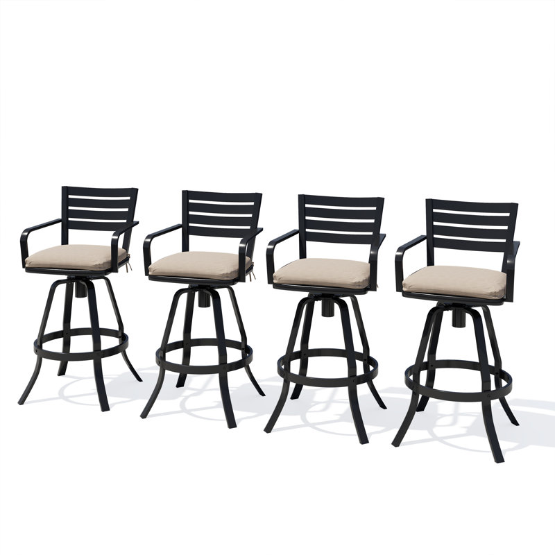 Tabouret de bar pivotant 29,57 po, structure en fonte d'aluminium et coussin Sunbrella (ensemble de 4), Toile beige antique
