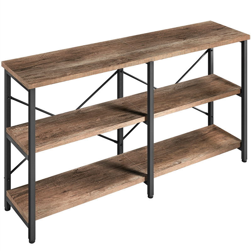 Taupe Wood and Black Metal 3-Tier Industrial Console Table with Storage