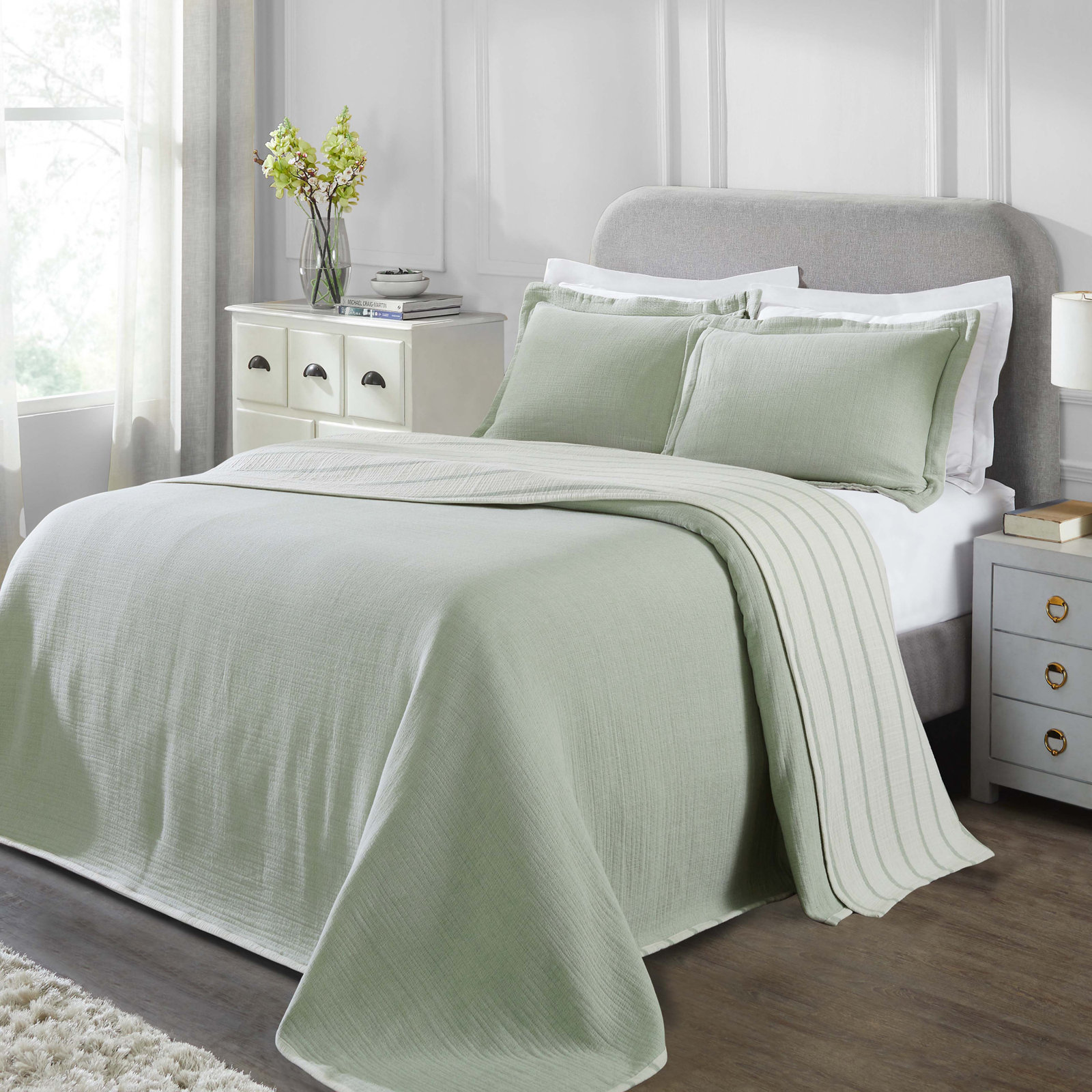 Reversible Matelasse Bedspread Set, Sage Striped, Full Bedspread + 2 Standard Shams