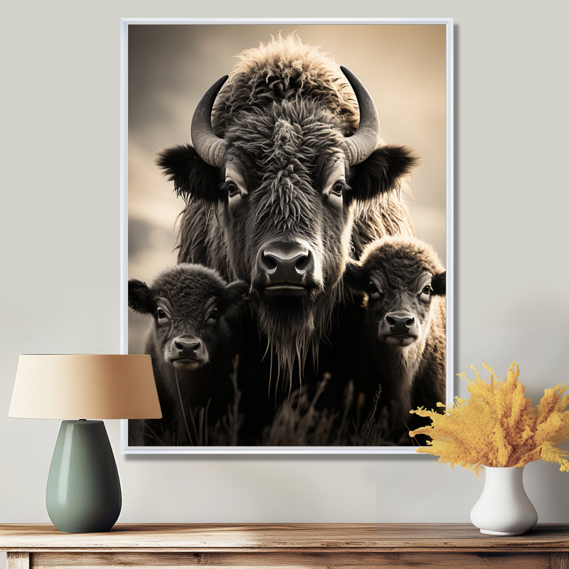 Bison Bison Family Bond - Bison Framed Prints, 32" H x 16" W x 1" D, White Floater Framed