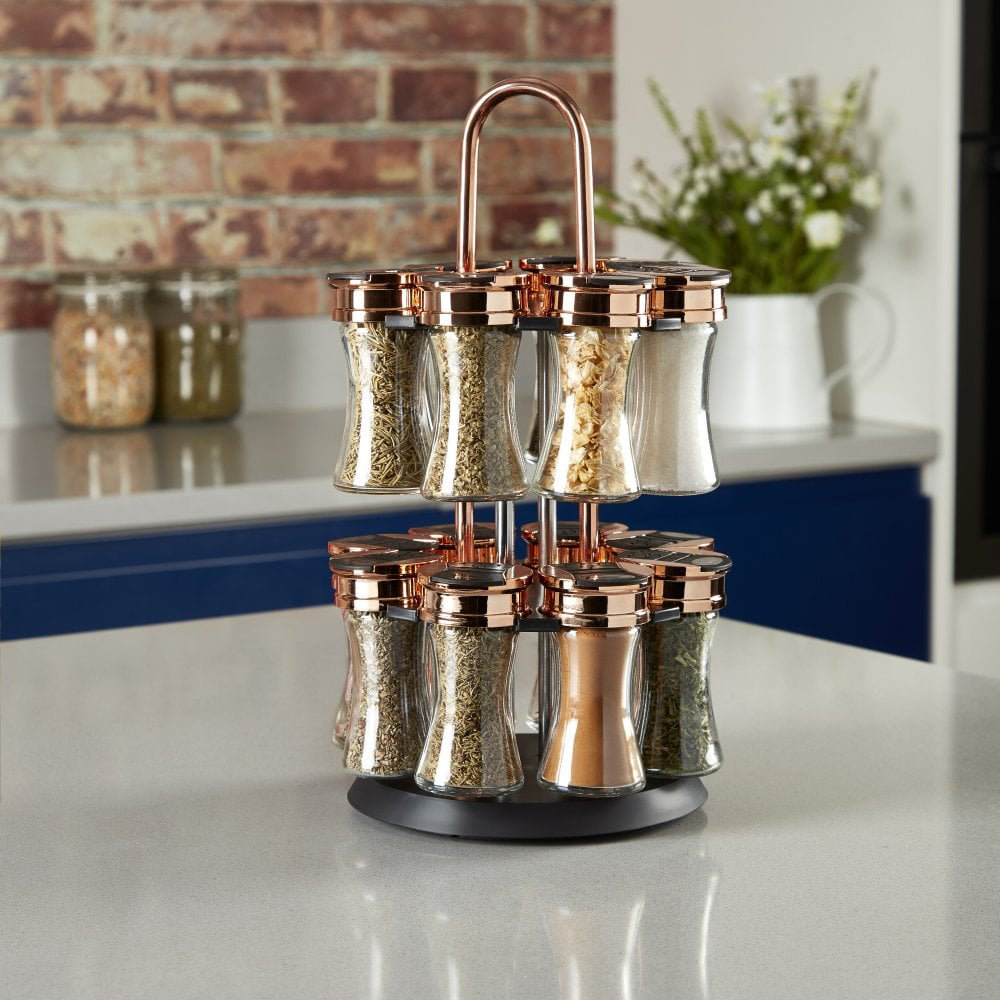 Tower T826021RB Rose Gold, Rotating Spice Rack with 16 Jars, Pre Filled with Spices , Large