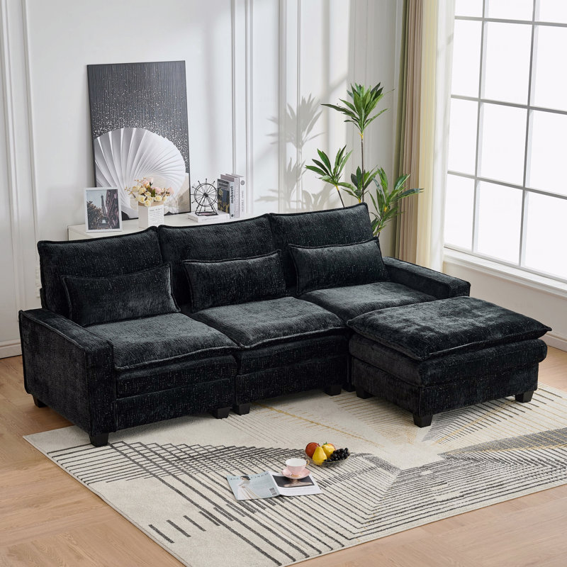 Kamanda 99'' Chenille Sectional Sofa with Movable Ottoman & Back Cushions, Black