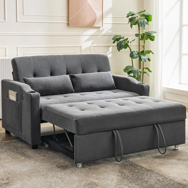 Canapé-lit convertible 3 en 1 avec lit escamotable, futon en velours côtelé avec dossier réglable, port de chargement et poche latérale pour le salon ou la chambre d'amis