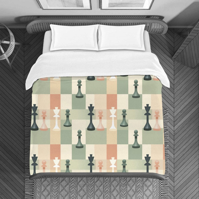 Chess Piece Green/Beige/Pink Microfiber Duvet Cover, King Duvet Cover