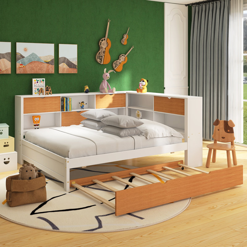 Base de lit en L en bois avec lit gigogne, bibliothèque, luminaire à DEL et port USB pour petite pièce, chambre à coucher, chambre d'amis