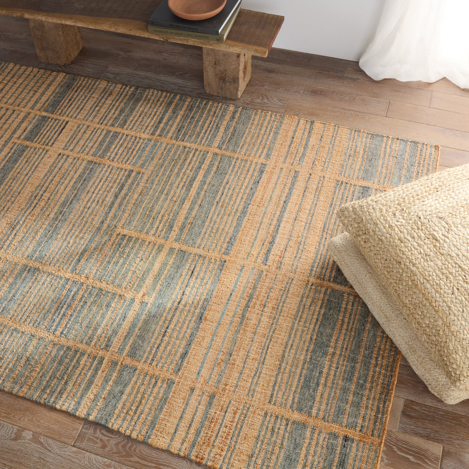 Zoya Brown Blue Hand-Woven Striped Jute Rug, Rectangle 5' x 8'