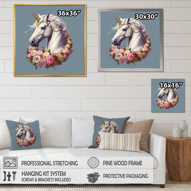 Licorne dans une couronne de fleurs - reproduction sur toile, Cadre flottant blanc, H 24 po x l 24 po