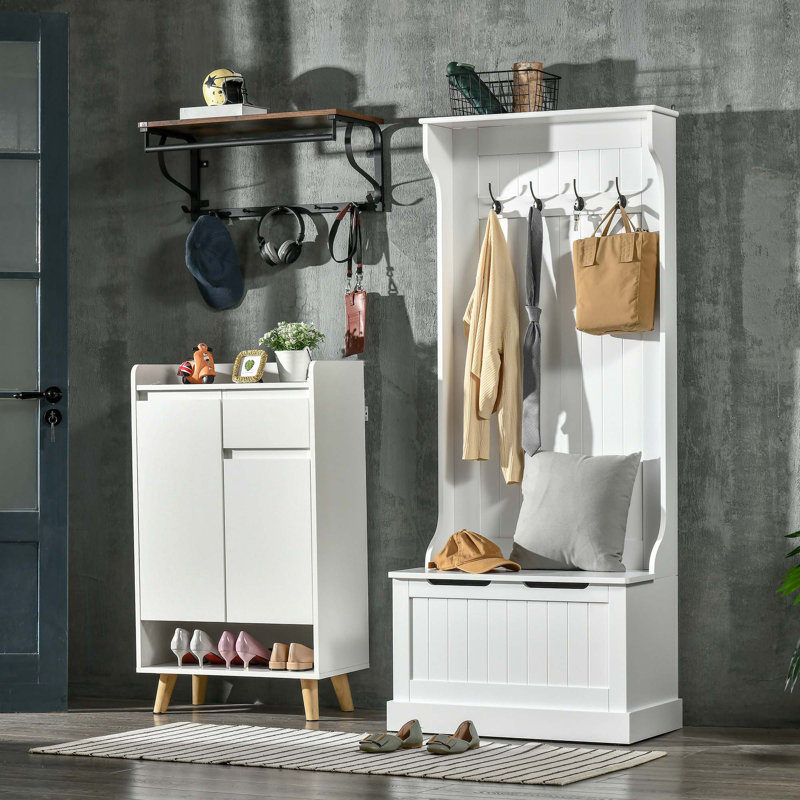 Arbre d'entrée avec portemanteau, banc de rangement et assise, White