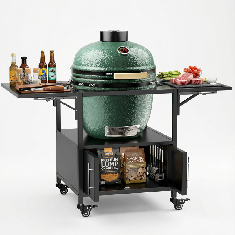 Table de barbecue d'extérieur pour barbecue Big Green Egg, chariot de barbecue en métal avec 2 panneaux pliants, compatible avec Kamado Joe Jr, grand œuf vert