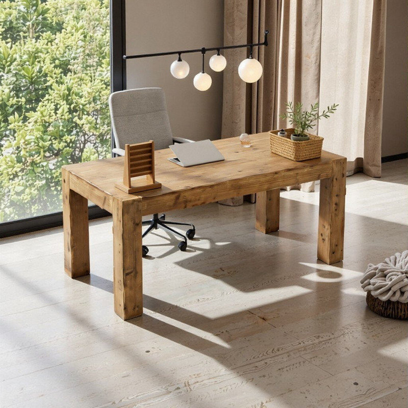 62.99" Rustic Solid Wood Executive Desk – Large Workspace with Minimalist Design