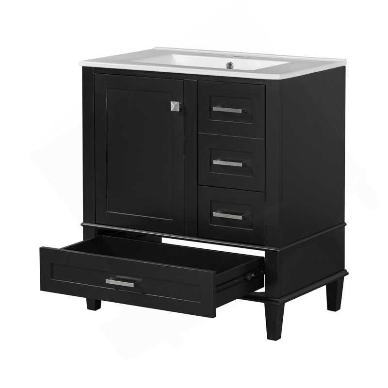 Ensemble de meuble-lavabo moderne avec lavabo 30 po, meuble-lavabo moderne avec porte à fermeture douce et 3 tiroirs, cadre en bois (noir)