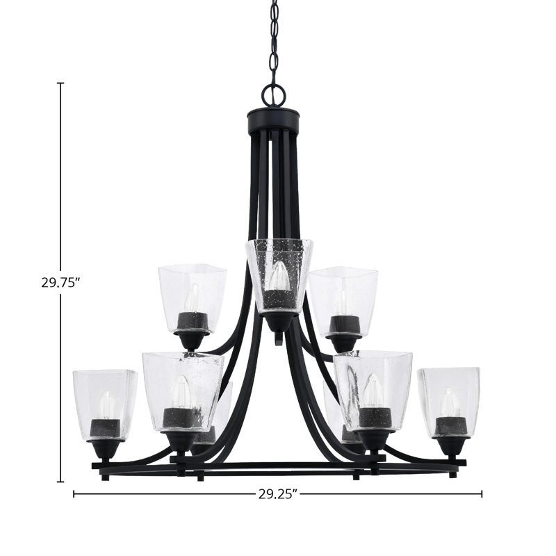 Lustre 9 lumières Paramount illustré en finition noir mat avec verre carré transparent 4,5 "