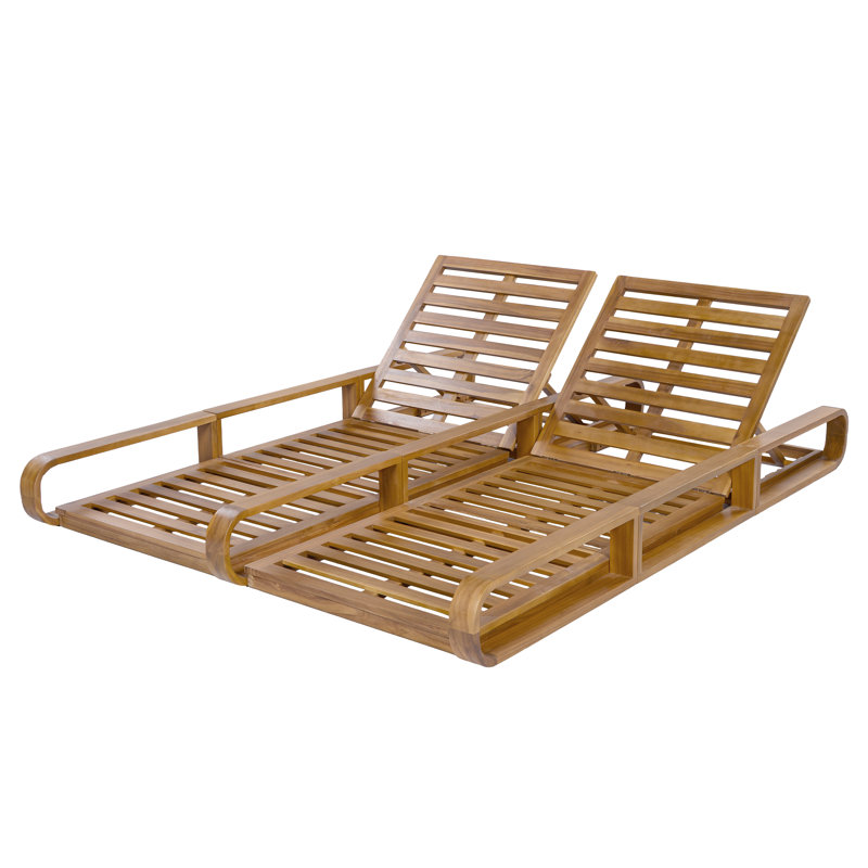 Structure de chaise longue double d'extérieur en bois d'acacia Adoro avec deux dossiers réglables et un design à lattes, Teak