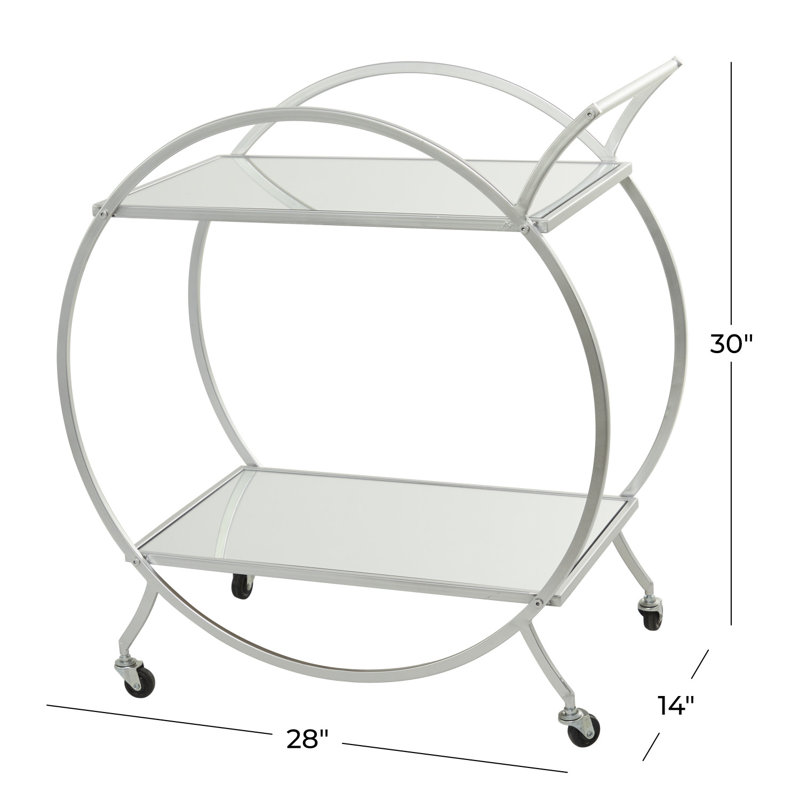  Bray Gold Metal Rolling Round 2 Mirrored Shelf Bar Cart with Top Handle, Silver