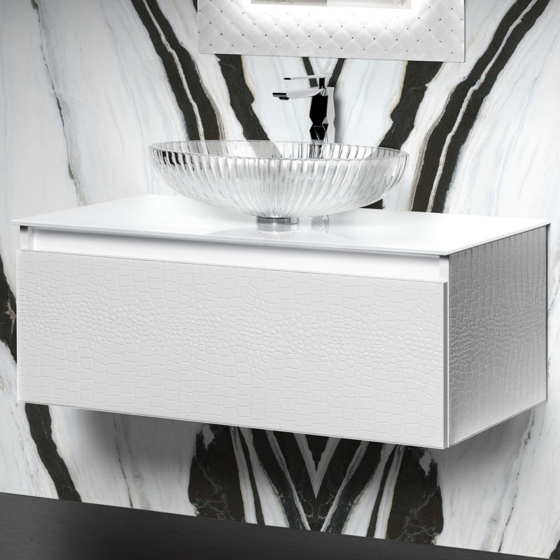 Single Bathroom Vanity with Top, White Crocodile, 35", White Tempered Glass