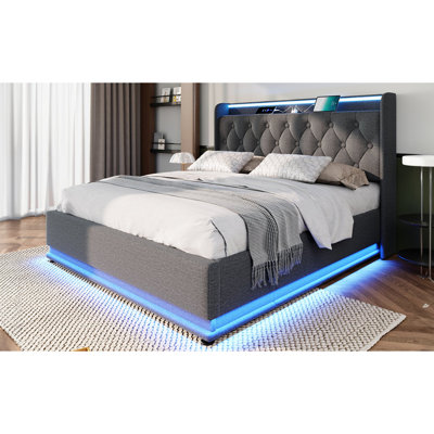 Grand lit tapissier, fonction DEL à 360 degrés, boutons / applications / télécommande, lit de rangement hydraulique avec chargement USB Type-C, gris, lin (sans matelas)