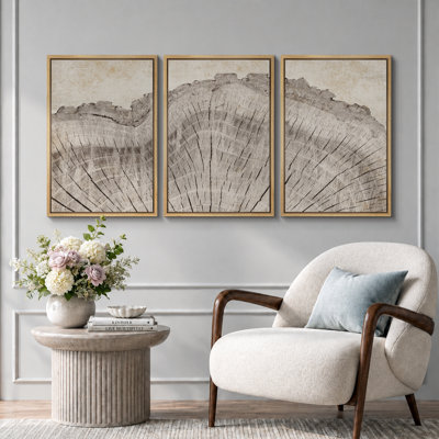 Anneau d'arbre «Œuvre de souche en bois de chêne rustique, décor de cabane de ferme, photos murales neutres, 3 pièces encadrées sur toile, impression numérique sur giclée»