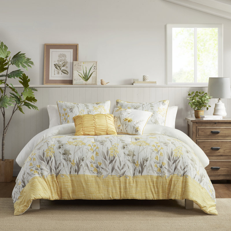 Ensemble d'édredon pour lit double / grand avec coussins 5 pièces Yellow Seersucker