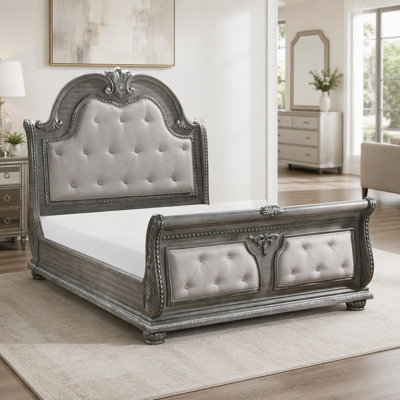 Traditional Queen Bed Gray Finish Carved Wood Button Tufted Upholstered Silver Tipping Luxury Bedroom Furniture 1pc