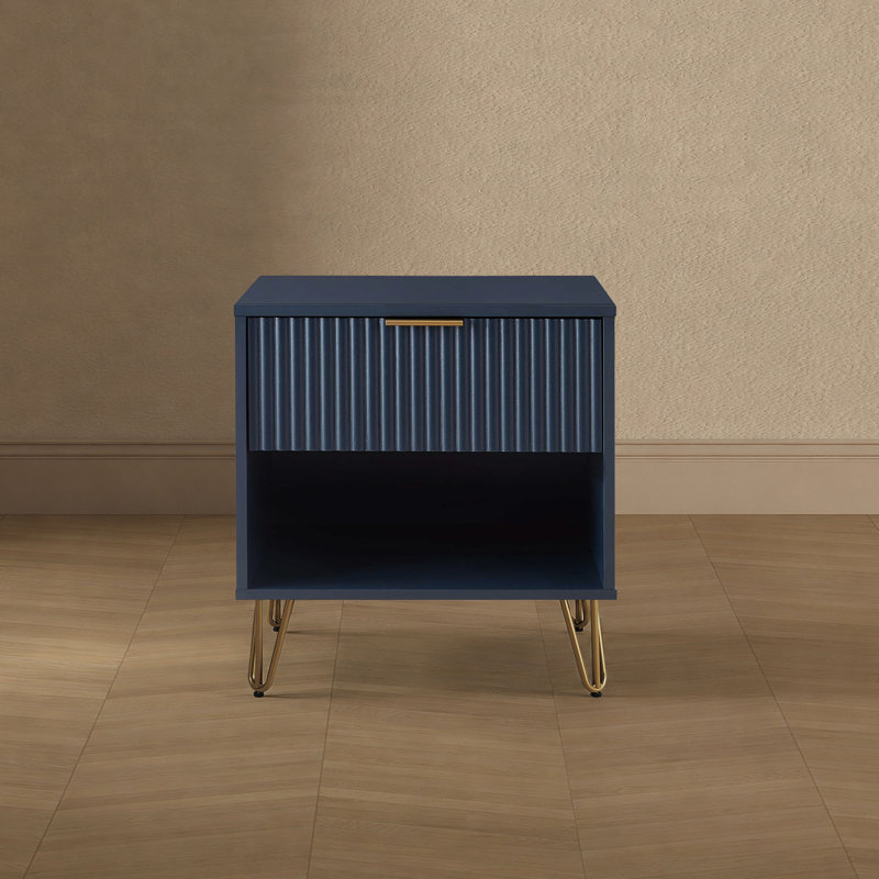 Table de chevet cannelée moderne à 1 tiroir l 20 po Dumbo, Bleu minuit