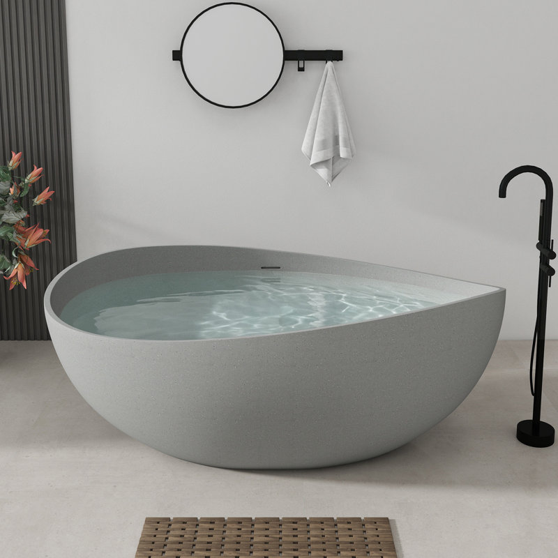 Baignoire de trempage autoportante en résine de 63 po avec trop-plein et bonde escamotable 63 po, Light Grey