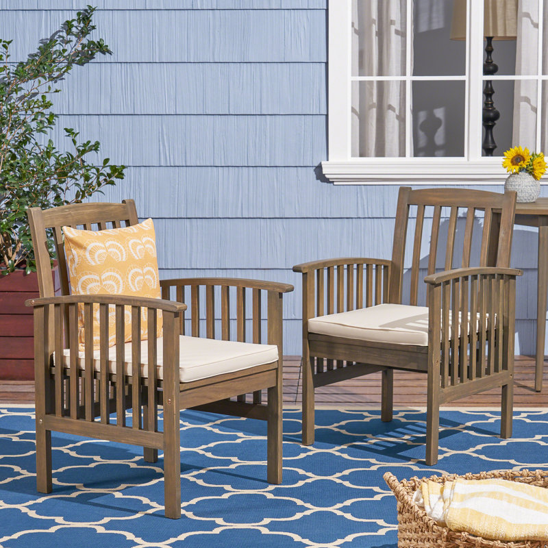 Paire de chaises de patio en bois, 2 pièces avec coussins gris et crème -, météo extérieure pour la cour arrière