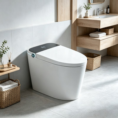 Toilette intelligente avec siège de bidet, ouverture et fermeture automatiques, chasse automatique hors siège, siège chauffant, eau chaude et sèche, veilleuse, bouton latéral, capteur de pieds à distance, fonctionnement mains libres