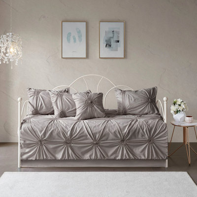 6 Piece Reversible Dark Grey Daybed Cover With Puckered Diamond Design In Insect-Shaped Pillow