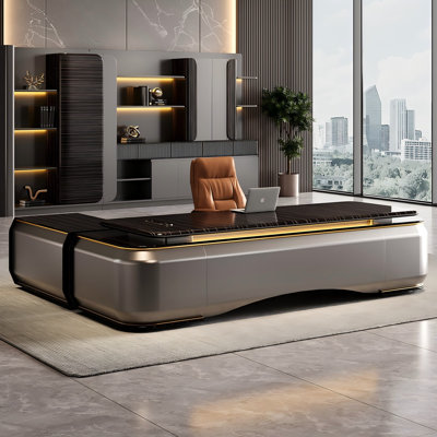 94.49"Modern Light Luxury Premium Executive Desk With Side Cabinet and LED Light Strips