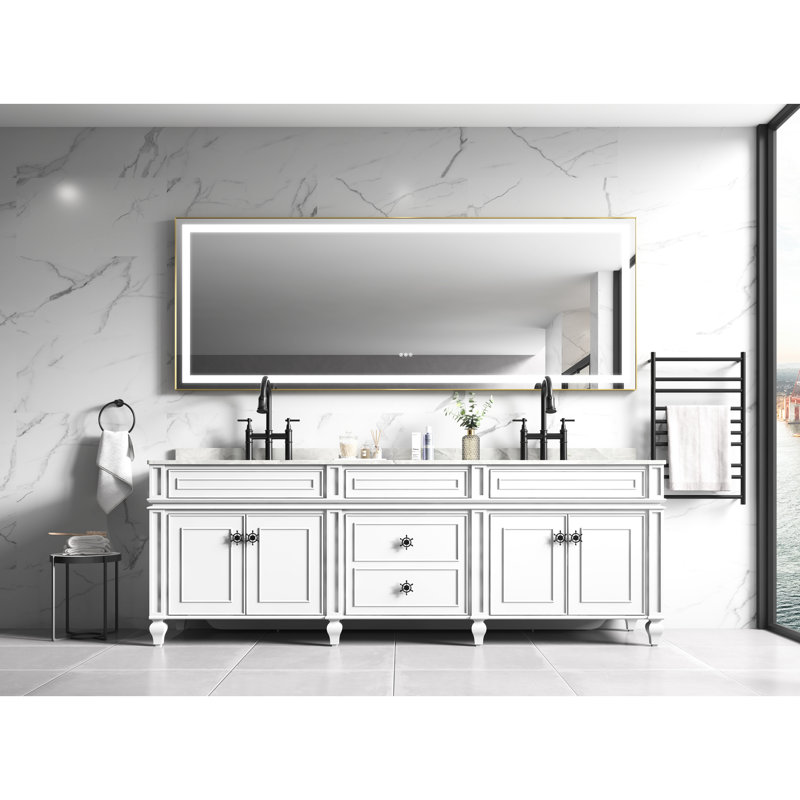 Miroir de salle de bain 118 "x 36" avec cadre en aluminium, fixation murale, brouillard, 3 options de couleur, gradation continue, réflexion non faussée, fonction de brouillard doré brossé, modes, verre,