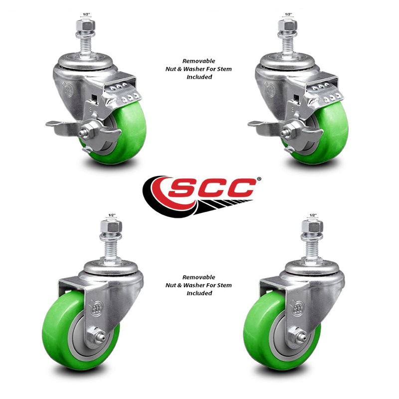 Ensemble de roulettes à tige filetée en polyuréthane pivotant de 3 po ½ pouce et 2 freins, Vert