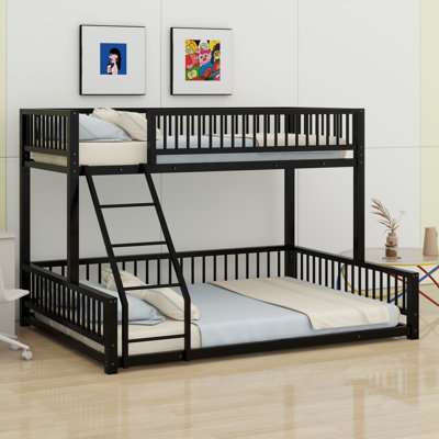 Floor Bunk Bed Frame With Ladder And Safety Guardrails