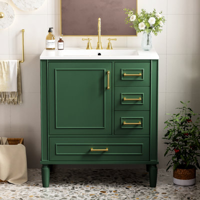 Coffre de salle de bain 30 po avec fermeture en douceur, trois tiroirs, lavabo en céramique, poignées dorées, meuble-lavabo traditionnel compact, 30 po, portes fermées, petite baignoire
