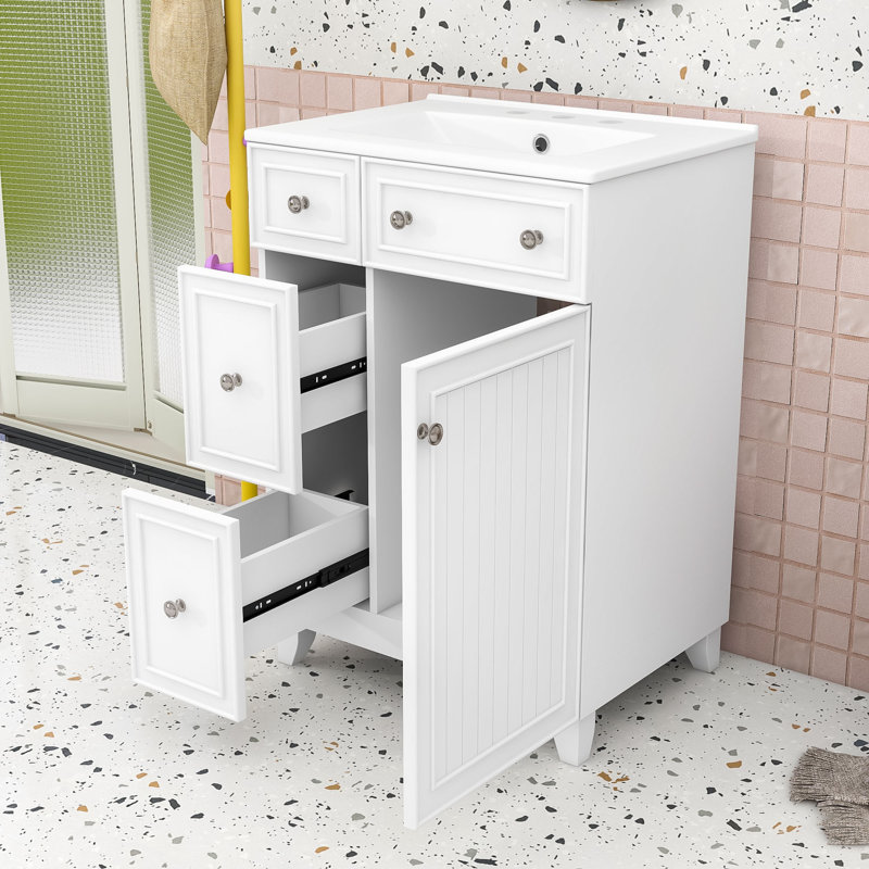 Chic 24-Inch 2 Drawers Bathroom Vanity with Ceramic Sink and Space-Saving Design, White, Silver