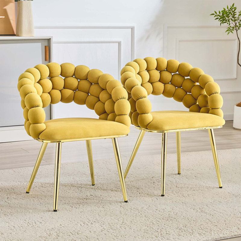 Ensemble de 2 chaises de salle à manger en velours bulles avec dossier gonflé et pieds en métal doré, parfait pour un décor moderne et élégant