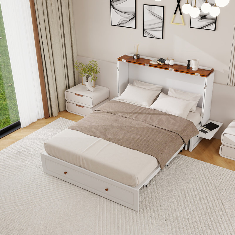 Queen Size Murphy Bed with Mattress, White Murphy Bed Storage Cabinet with Built-in USB Charing Port