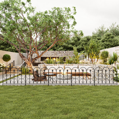 (5PC)  Outdoor Decorative Garden Fence Panels Set - Black Iron Fence with Arch Top