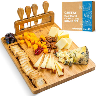 Ensemble de planche à fromage et de couteaux en bambou - planche de charcuterie 14 x 11 pouces avec 4 couteaux à fromage - plateau de service en bois