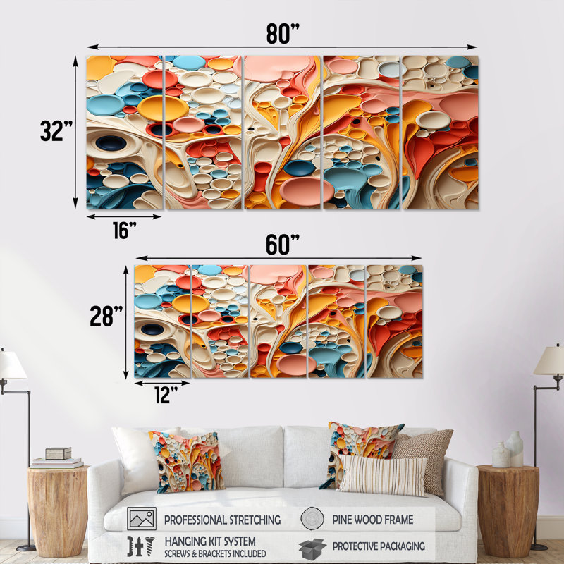 "Art abstrait coloré liquide 5 tourbillons III", 5 pièces, H 28 po x l 60 po