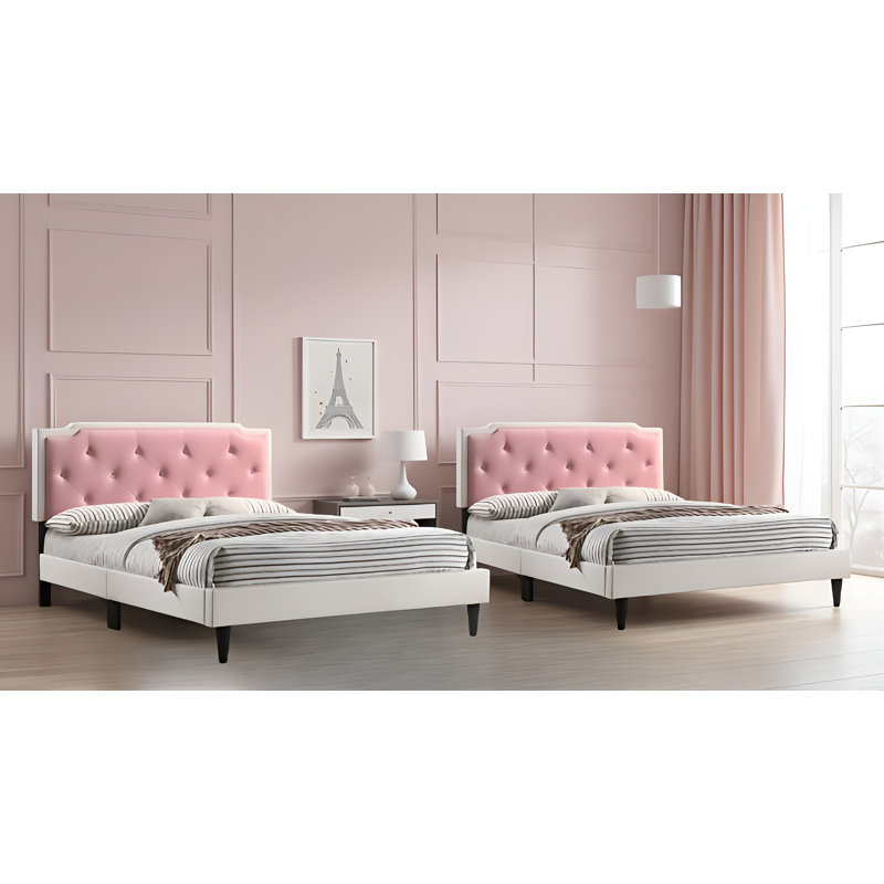 Ensemble de 2 lits doubles Getafe, Double, Blanc / Rose