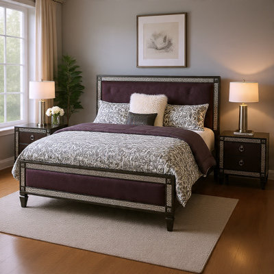 Queen Bedroom Set, Gray, Nickel Wood, 3 Piece Set with 2 Nightstands