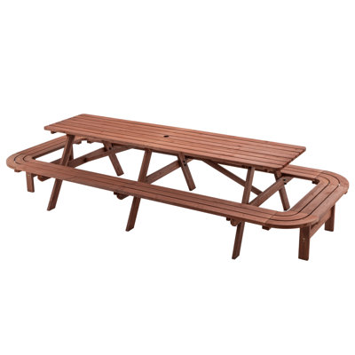 Brown Wooden Picnic Table With Benches - Outdoor Rectangle Patio Table, Weather-resistant, Built-in Umbrella Hole For Garden/backyard