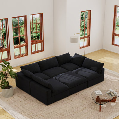 6-Piece Upholstered Modern Linen Fabric Sectional Sofa  With Storage Ottoman