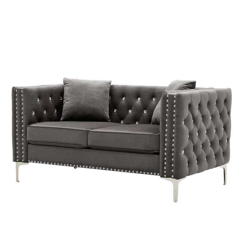 Canapé moderne en velours de 59,4 pouces de largeur avec boutons, accoudoirs carrés et 2 coussins Modern, Gris, 2