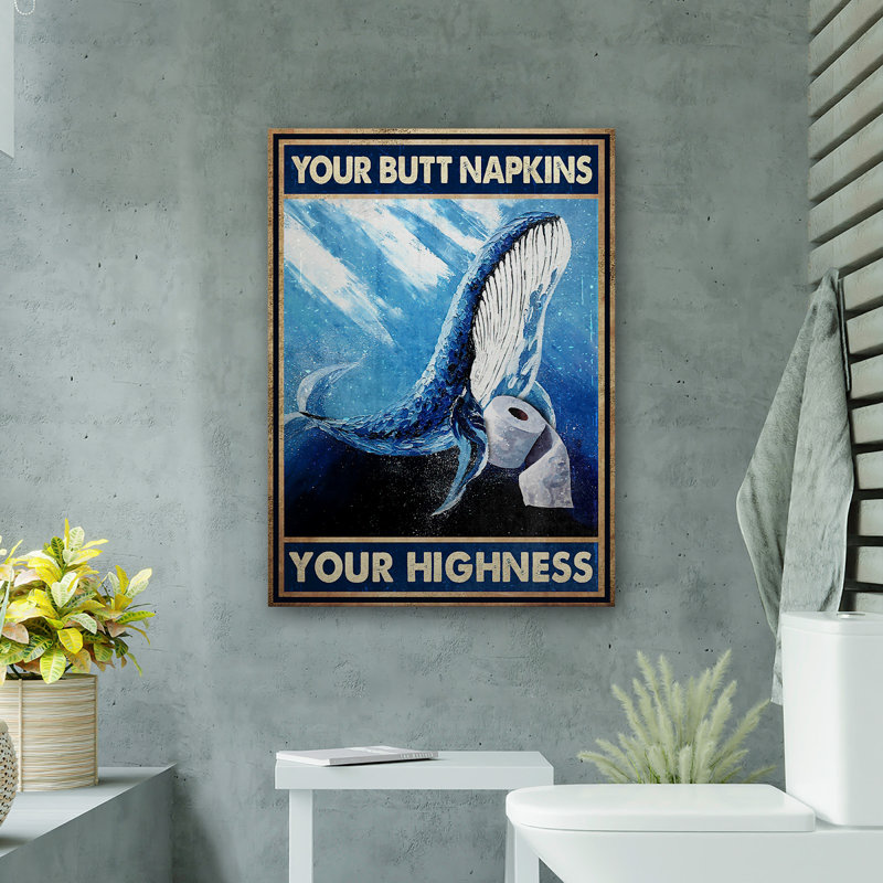 Peinture baleine - Vos serviettes de table, votre Altesse, toile tendue avec châssis - décor d'illustrations animales pour salle de bain et blanchisserie, décor de salle de bain bleu et blanc