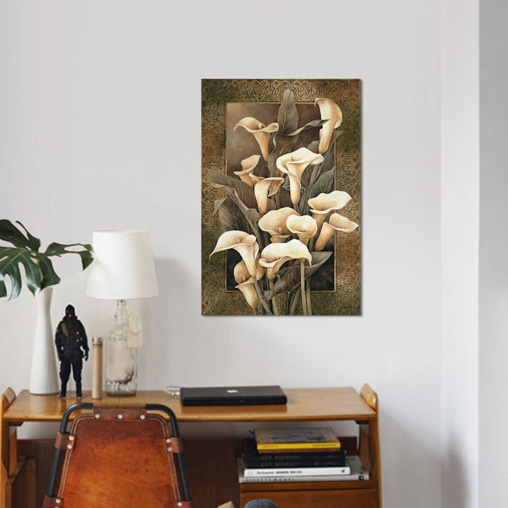 « golden calla lilies », impression sur toile, H 40 po x l 26 po x P 1,5 po, Toile tendue, Pas de tapis